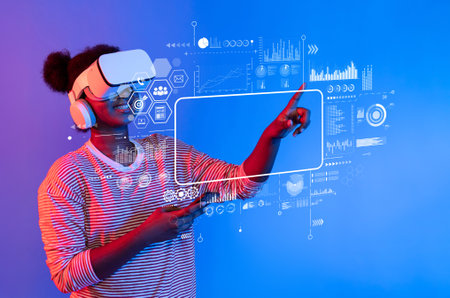 A user engages with virtual reality technology, exploring data analytics and marketing strategies,...
