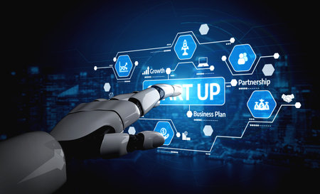 A robotic hand interacts with a glowing digital display featuring startup concepts like growth,...