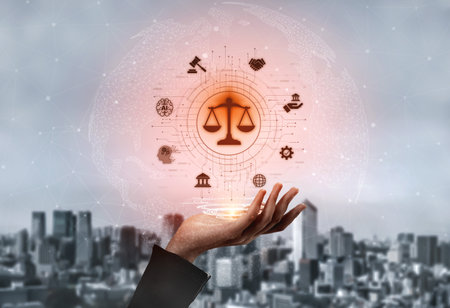 Futuristic digital law interface displaying justice scale, highlighting digital law, AI compliance,...