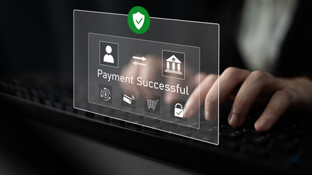 Successful transaction message showing secure payment. Payment confirmed, secured, payment...