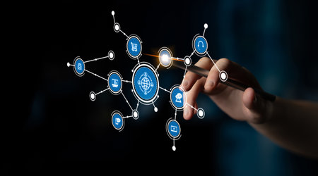 A hand interacts with digital icons representing a network connection in a futuristic setting,...