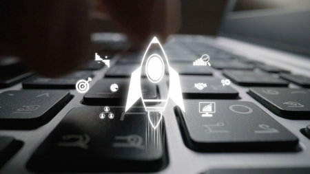 Startup launch and business growth concept, rocket symbolism, entrepreneurship, startup innovation,...