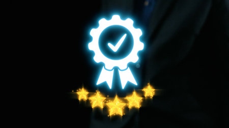 A vibrant graphic of a glowing badge with five golden stars symbolizes excellence and quality...