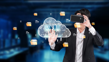 A professional engages with virtual reality technology to explore cloud computing concepts and data...