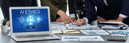 AI ethics responsibility standard law and rules on computer screen provide report of AI ethic...