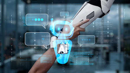 A striking image depicting a futuristic robot arm integrated with a chatbot interface, showcasing...