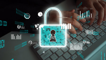 This digital illustration showcases a conceptual padlock symbolizing data security, paired with...