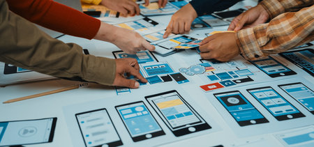A dynamic scene showcasing multiple hands engaged in collaborative design work on user interface...