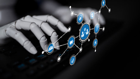 A robotic hand gracefully interacts with vibrant digital icons representing technology and...