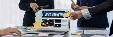 Video Marketing Concept on Laptop Screen. Video Marketing Advertising Business on Social Media and brisk Internet Network Technology Conceptの写真素材