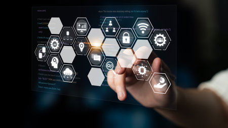 Hexagon interface combining AI, data, analytics, and cybersecurity. AI connects systems, data drives...