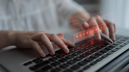 Password security breach warning with red asterisk box, cybersecurity alert, lock icons, and...