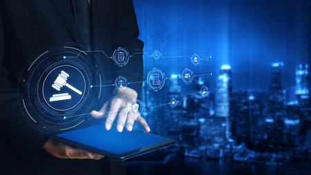 Futuristic digital law interface displaying justice scale, highlighting digital law, AI compliance, digital law systems, and digital law regulations for secure governance.の写真素材