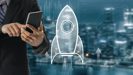 Startup launch and business growth concept, rocket symbolism, entrepreneurship, startup innovation,...