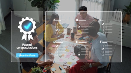 A diverse group of professionals gathers in a modern office, celebrating their achievements. They...