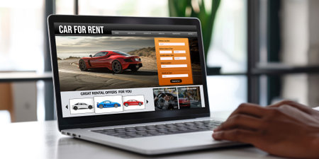 car rental website on computer screen for tourist to rent a car for transportation briskの素材