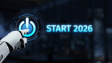 A futuristic robot hand poised to press a glowing power button labeled Start 2026. This image...