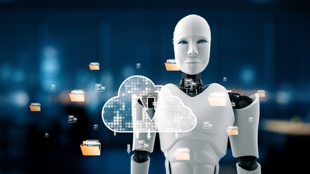 AI artificial intelligence optimizes cloud infrastructure with virtual assistants and intelligent automation, improving scalability, security, and digital business continuity.の写真素材