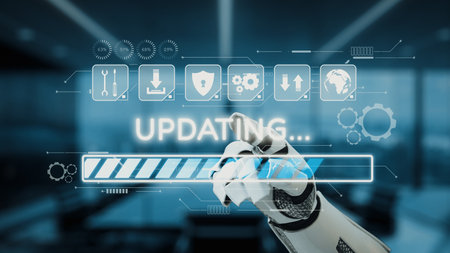 A robotic hand interacts with a digital loading bar on a modern screen, symbolizing updates in...