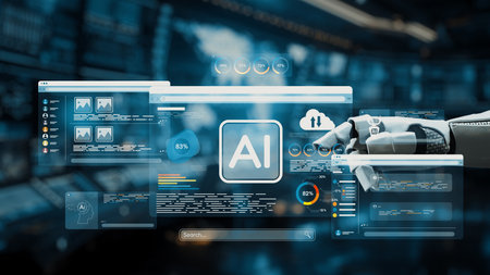 A cutting-edge artificial intelligence interface showcasing analytics and features. A robotic hand...