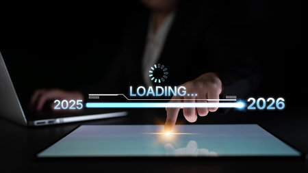 Visualizing the shift from 2025 to 2026. Progress bar symbolizing advancement, strategic foresight,...
