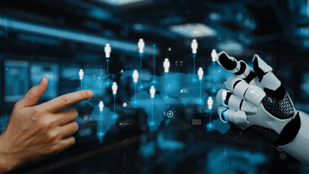 A human hand interacts with a robotic hand against a digital backdrop, showcasing user connections...