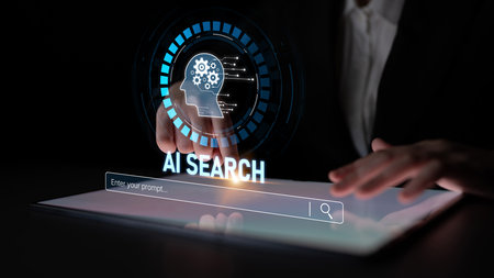 AI search engine systems enhance SEO data access. Intelligent search engines powered by AI improve search results. AI-driven search tools help process and retrieve relevant AI information.の写真素材