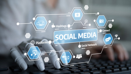 A robotic hand interacts with a digital interface representing social media concepts. Illustrates...