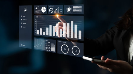 A professional user interacts with a high-tech touchscreen displaying detailed data analytics,...