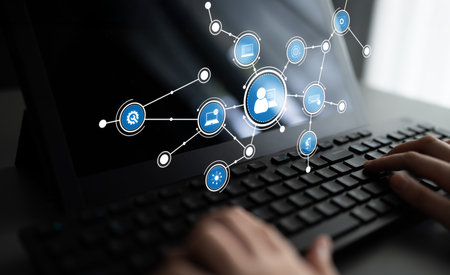 A visually striking concept of digital networking with icons reflecting user interaction, displayed...