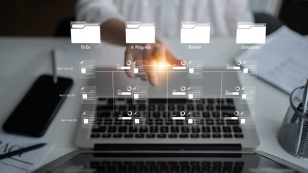 Task workflow system showing document progress through stages. Task tracking improves productivity,...