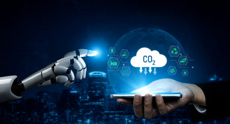 AI helps manage carbon footprint by analyzing emission data, optimizing renewable energy use, and automating sustainable practices to reduce the overall carbon footprint. Vouchの写真素材
