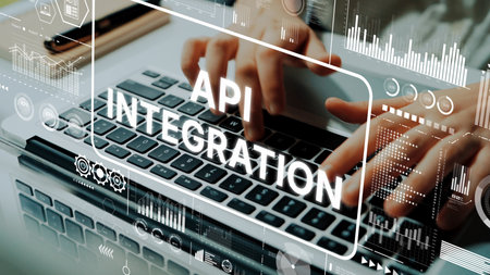 Hands Typing on Laptop Keyboard with Overlaid Graphics for API Integration and Data Analysis....