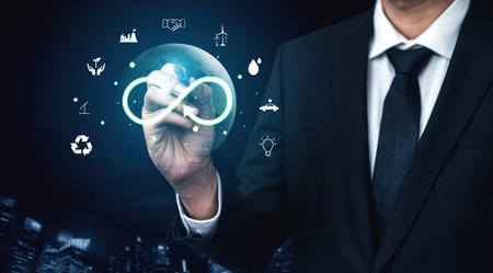 The concept of a circular economy for sustainable production and consumption. A global model of recycling, reusing, and renewable energy for the future. Motifの写真素材