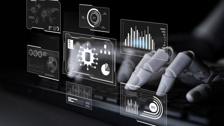 AI reading big data visualization dashboard, analyzing insights, identifying patterns, and...