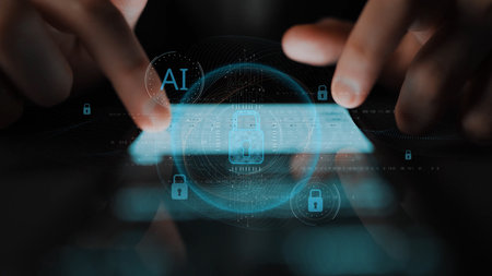 AI cyber security system using biometric authentication and privacy control. Cyber security protects identity, cybersecurity detects threats, cybersecurity ensures safety, and secures data.の写真素材