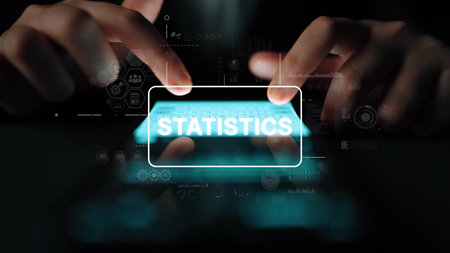 Hands Interacting with Digital Interface Displaying Statistics Over Dark Background for Data...