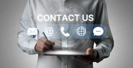 UI concept for contact us section showing icons for email, web, phone, and message. Contact and...