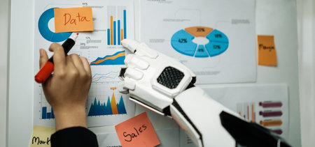 A futuristic robotic arm interacts with a business infographic, focusing on sales data and marketing...