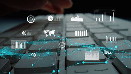 This image depicts a close-up of a computer keyboard with digital data visuals, illustrating...
