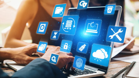 Data recovery icons show backup, data recovery process, and secure restoration. Data recovery...