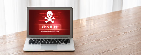 Virus warning alert on computer screen detected modish cyber threat , hacker, computer virus and...
