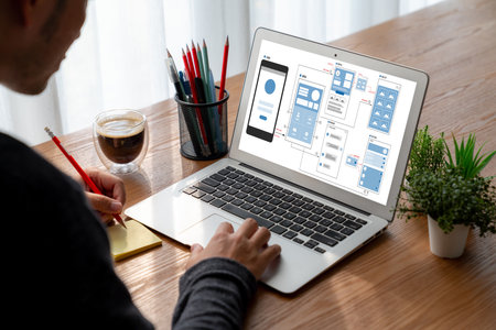 UX UI design process for modish mobile application and website . Creative prototype of wireframe for...