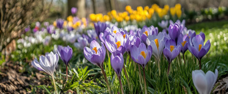 A stunning display of vibrant purple, yellow, and white crocus flowers in a sunny spring garden. This enchanting scene captures the beauty of natures seasonal bloom.の素材
