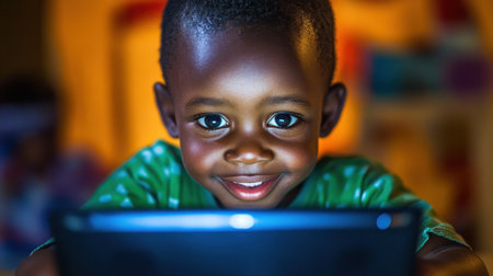 A young boy with a joyful expression engages with a digital device in a softly lit room, showcasing curiosity and the wonders of technology in childhood.の素材