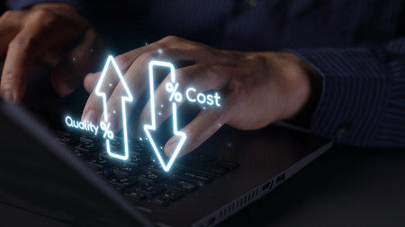 Business concept showing cost reduction and quality increase using Lean, Six Sigma, and Total...