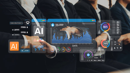 Business team displays technology overlays with data analytics, emphasizing artificial intelligence...