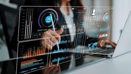 Smart home dashboard manages IoT system. Smart home dashboard controls temperature, dashboard tracks...