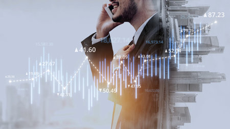 Stock market analysis with candlestick chart and price movement trend line, highlighting global...