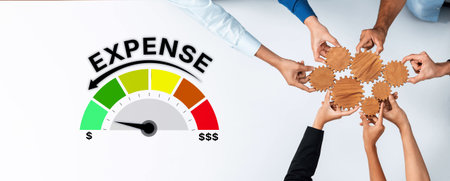 A group of diverse hands engages in teamwork to manage expenses, featuring a colorful meter...